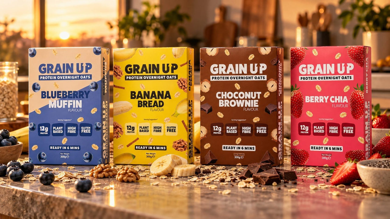All four Grain Up boxes on a kitchen counter at sunset